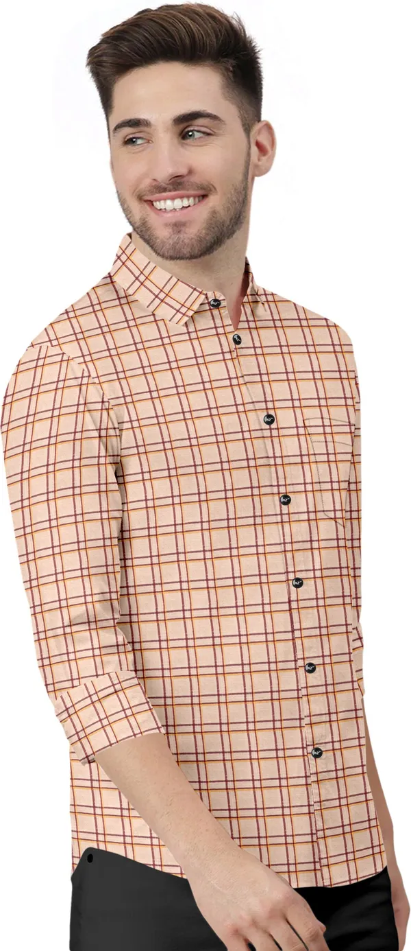 Beige_Cotton_Blend_Regular_Fit_3/4th_Sleeve_Checkered_Long_Shirt_For_Men