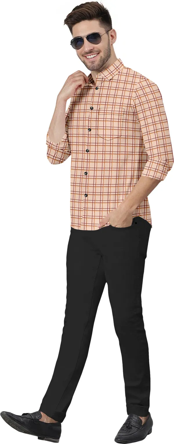 Beige_Cotton_Blend_Regular_Fit_3/4th_Sleeve_Checkered_Long_Shirt_For_Men