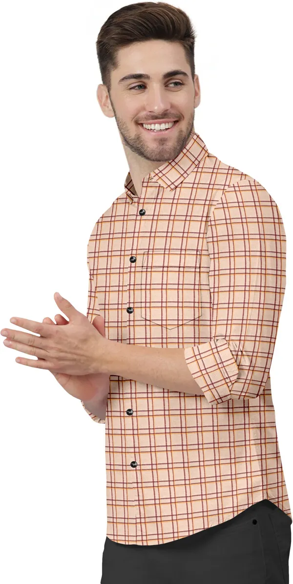 Beige_Cotton_Blend_Regular_Fit_3/4th_Sleeve_Checkered_Long_Shirt_For_Men