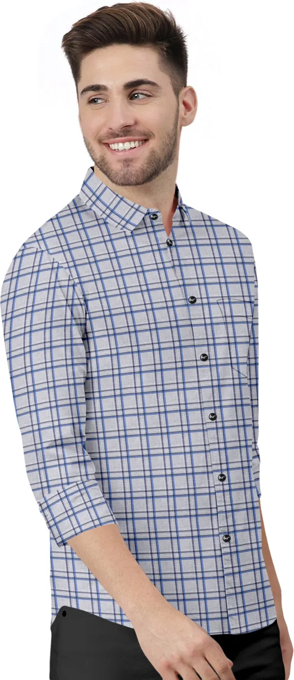 Blue_&_Grey_Cotton_Blend_Regular_Fit_3/4th_Sleeve_Checkered_Long_Shirt_For_Men