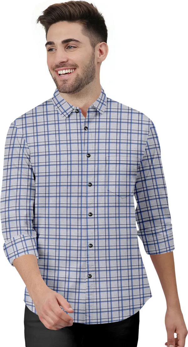 Blue_&_Grey_Cotton_Blend_Regular_Fit_3/4th_Sleeve_Checkered_Long_Shirt_For_Men