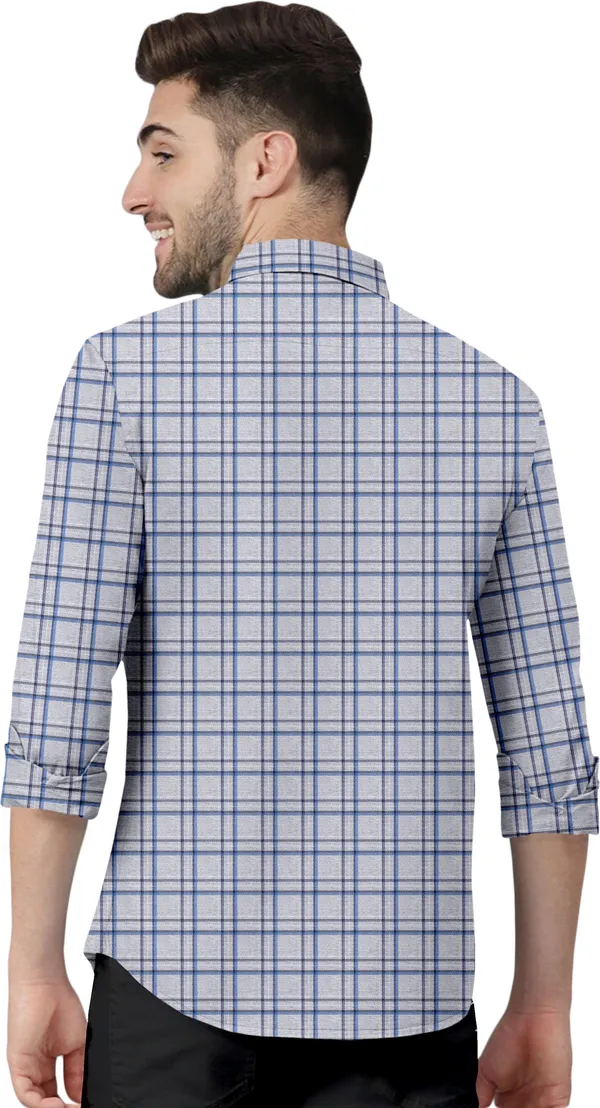 Blue_&_Grey_Cotton_Blend_Regular_Fit_3/4th_Sleeve_Checkered_Long_Shirt_For_Men