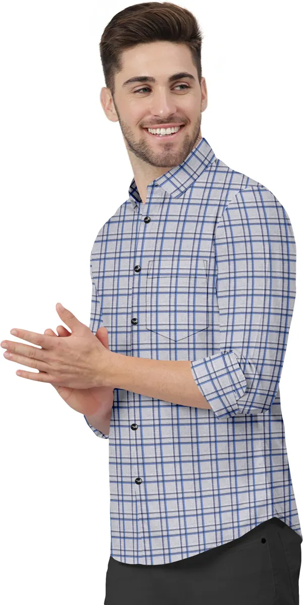 Blue_&_Grey_Cotton_Blend_Regular_Fit_3/4th_Sleeve_Checkered_Long_Shirt_For_Men