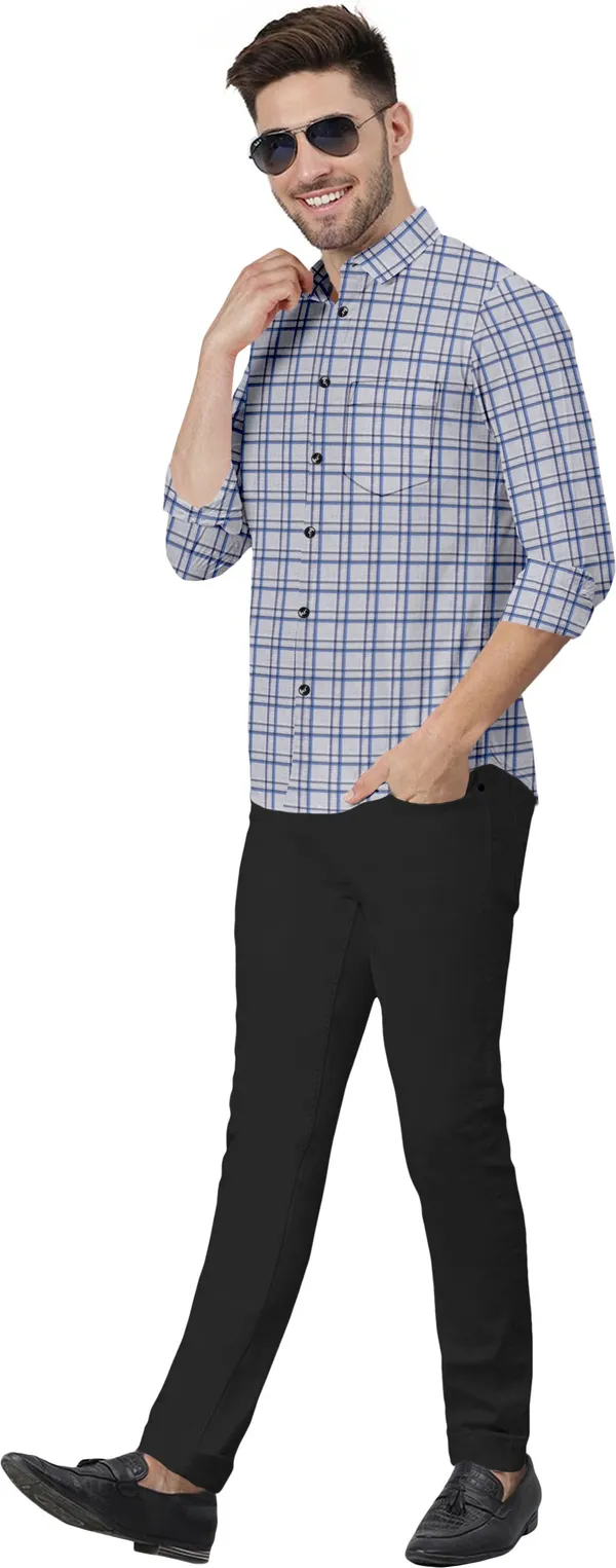 Blue_&_Grey_Cotton_Blend_Regular_Fit_3/4th_Sleeve_Checkered_Long_Shirt_For_Men