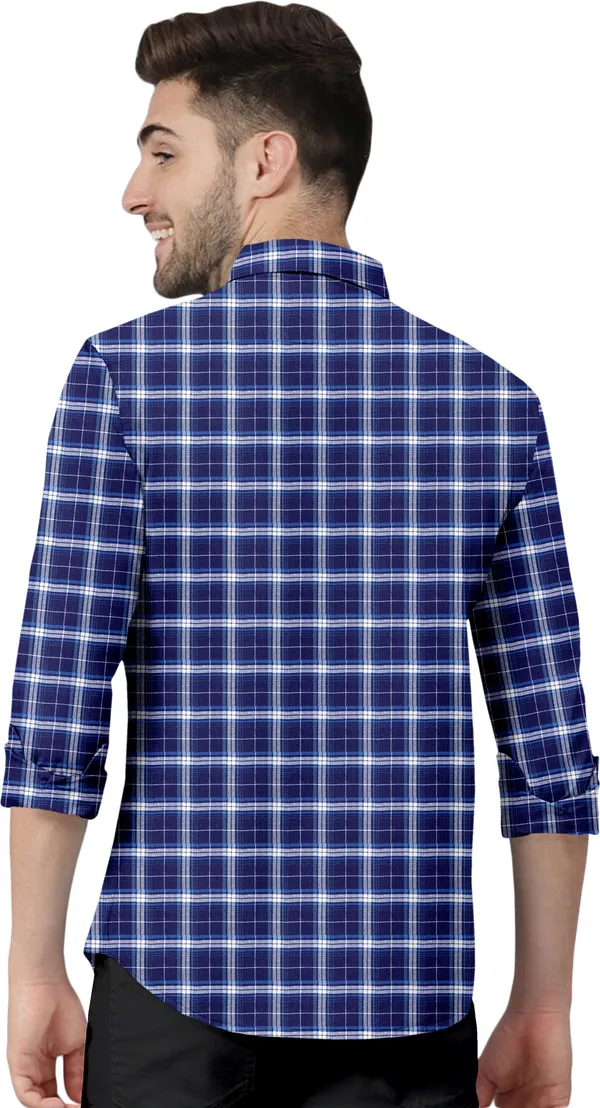 Dark_Blue_Cotton_Blend_Regular_Fit_3/4th_Sleeve_Checkered_Long_Shirt_For_Men
