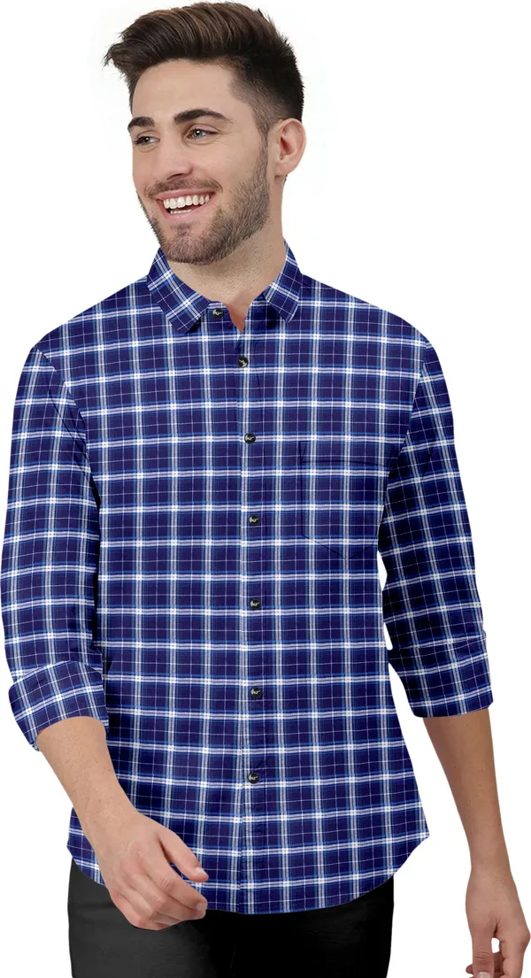 Dark_Blue_Cotton_Blend_Regular_Fit_3/4th_Sleeve_Checkered_Long_Shirt_For_Men