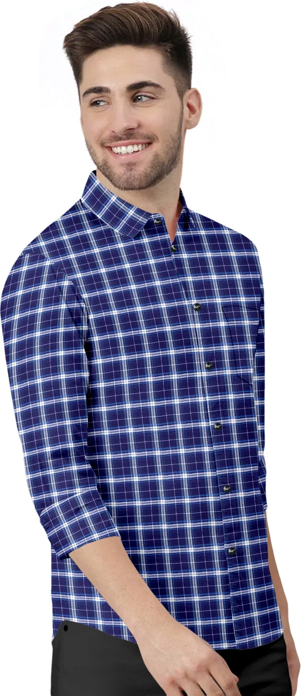 Dark_Blue_Cotton_Blend_Regular_Fit_3/4th_Sleeve_Checkered_Long_Shirt_For_Men