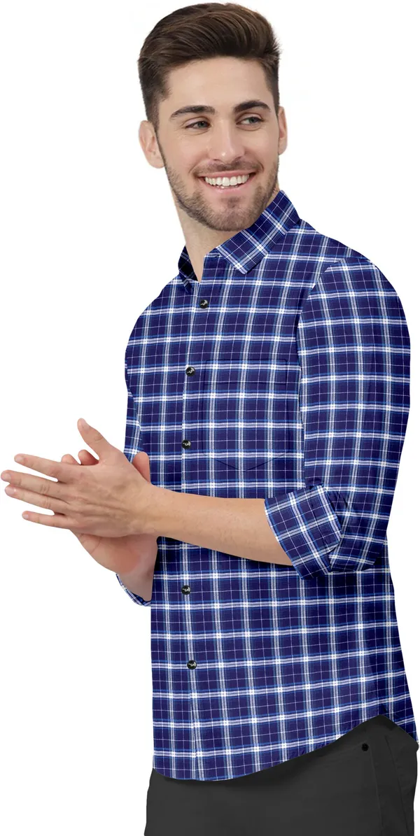 Dark_Blue_Cotton_Blend_Regular_Fit_3/4th_Sleeve_Checkered_Long_Shirt_For_Men