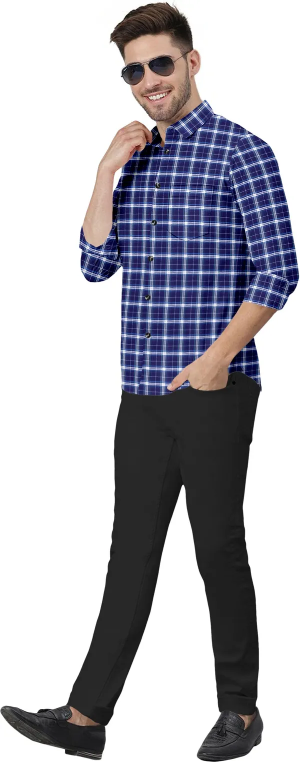 Dark_Blue_Cotton_Blend_Regular_Fit_3/4th_Sleeve_Checkered_Long_Shirt_For_Men