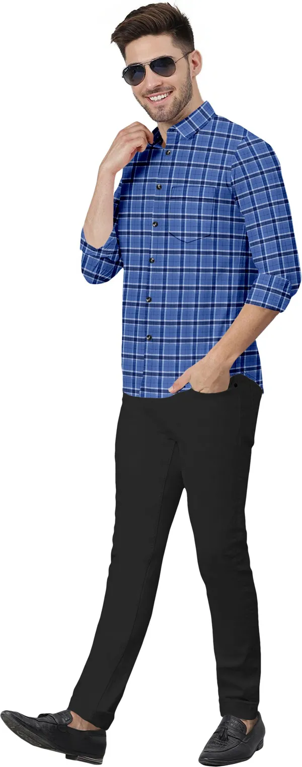 Blue_Cotton_Blend_Regular_Fit_3/4th_Sleeve_Checkered_Long_Shirt_For_Men