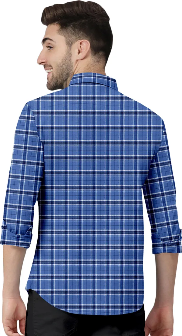 Blue_Cotton_Blend_Regular_Fit_3/4th_Sleeve_Checkered_Long_Shirt_For_Men