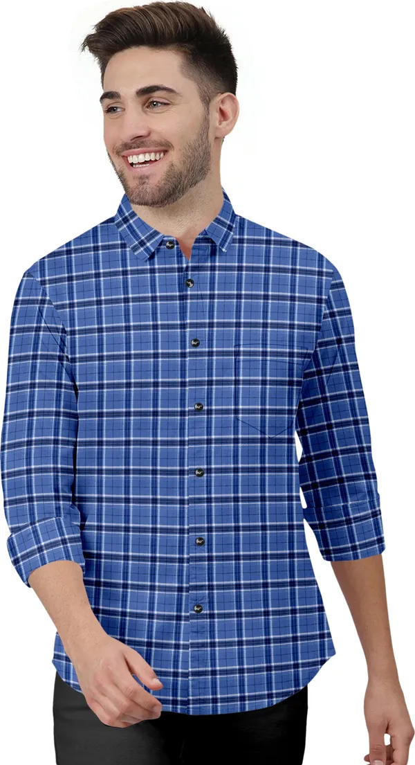 Blue_Cotton_Blend_Regular_Fit_3/4th_Sleeve_Checkered_Long_Shirt_For_Men