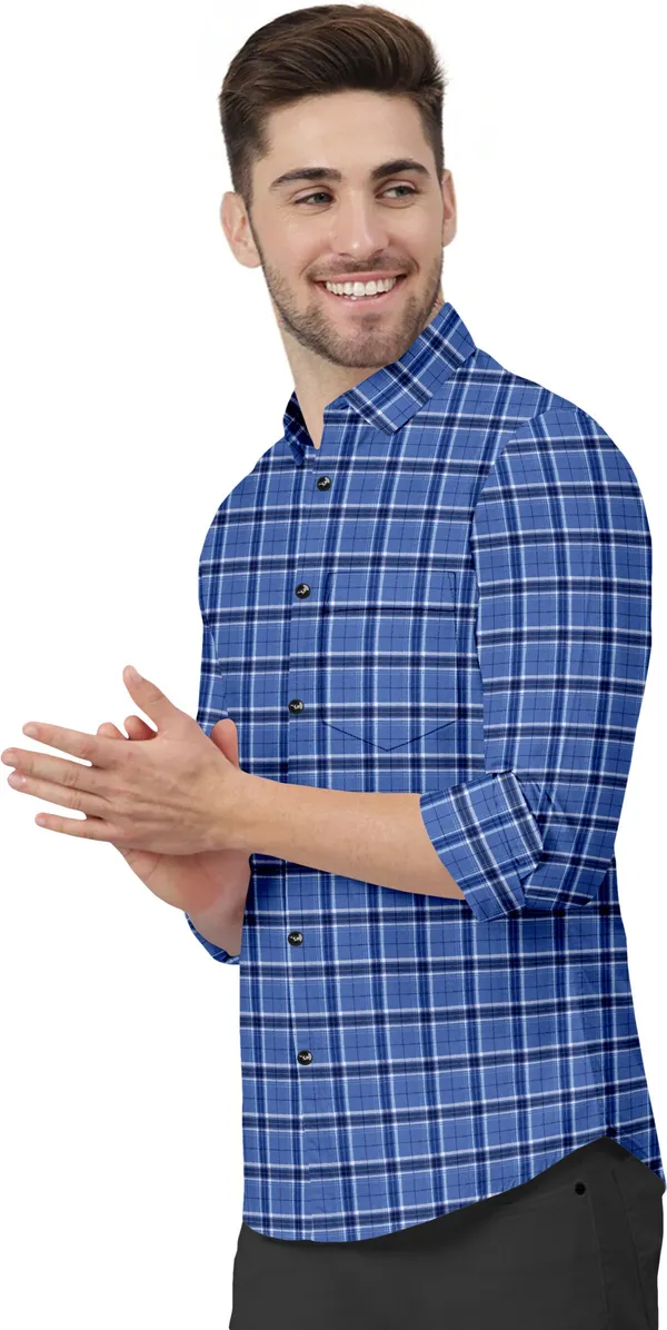 Blue_Cotton_Blend_Regular_Fit_3/4th_Sleeve_Checkered_Long_Shirt_For_Men