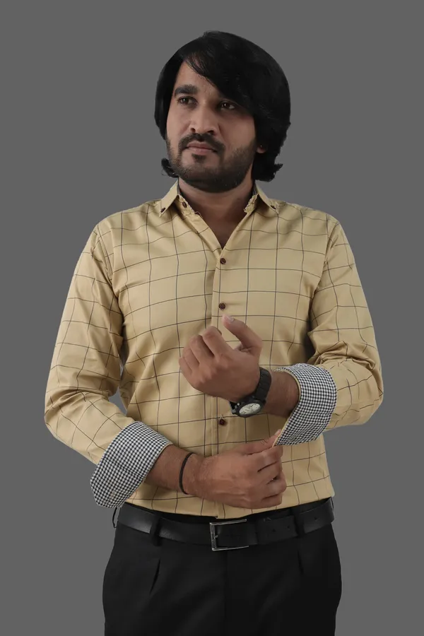 Beige_Cotton_Blend_Regular_Fit_Full_Sleeve_Checkered_Hip_Length_Shirt_For_Men