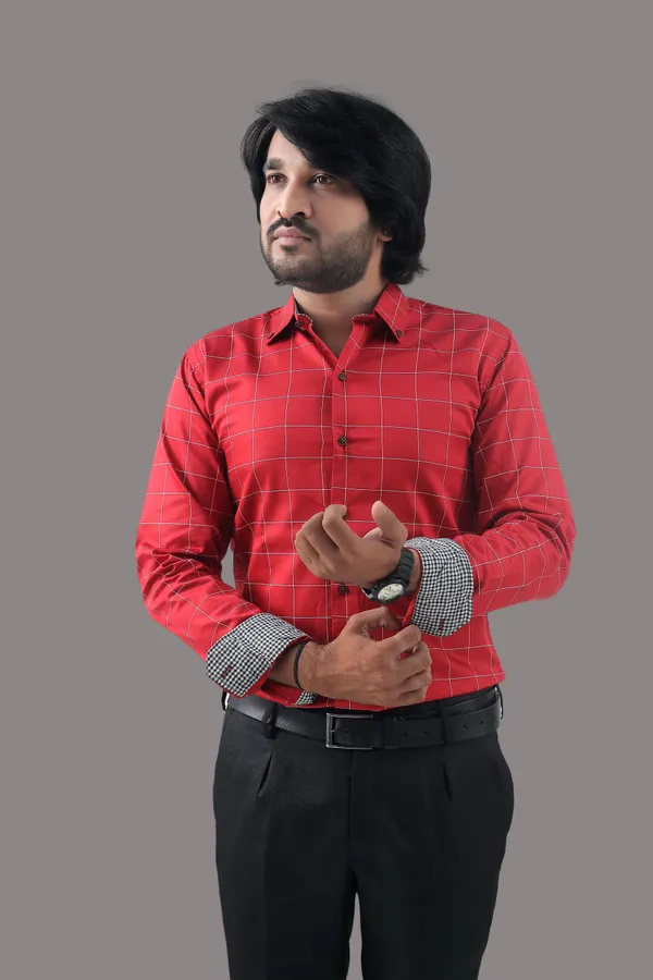 Red_Cotton_Blend_Regular_Fit_Full_Sleeve_Checkered_Hip_Length_Shirt_For_Men
