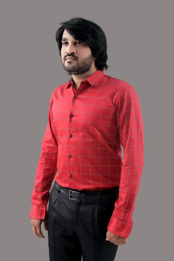 Red_Cotton_Blend_Regular_Fit_Full_Sleeve_Checkered_Hip_Length_Shirt_For_Men