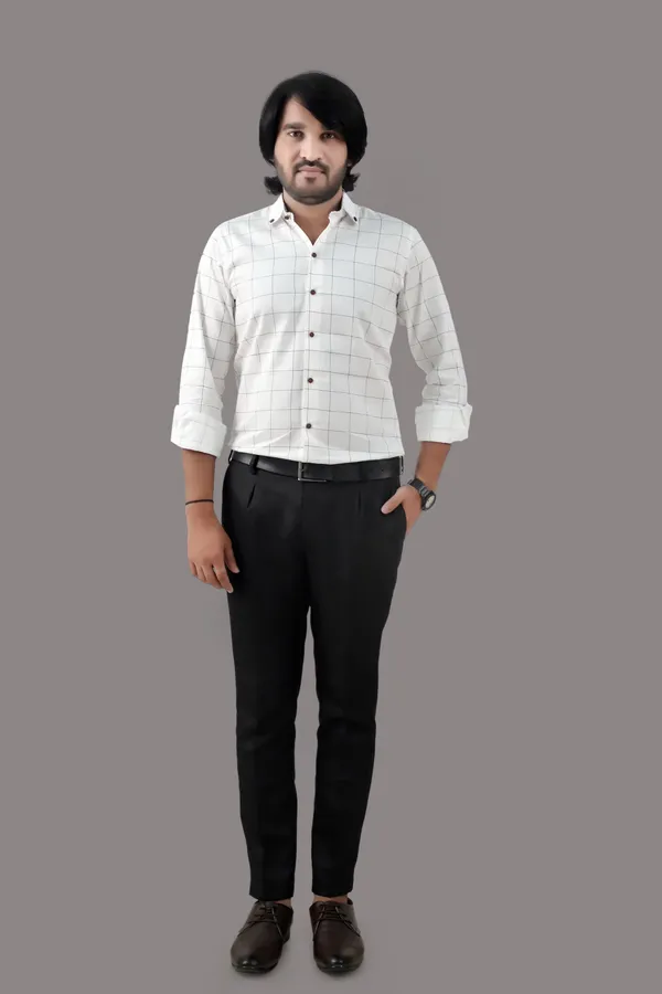 White_Cotton_Blend_Regular_Fit_Full_Sleeve_Checkered_Hip_Length_Shirt_For_Men