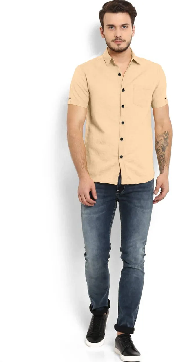 Beige_Cotton_Blend_Slim_Fit_Short_Sleeve_Solid_Hip_Length_Shirt_For_Men