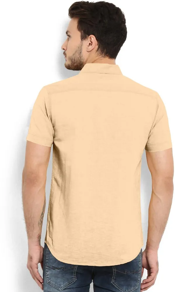 Beige_Cotton_Blend_Slim_Fit_Short_Sleeve_Solid_Hip_Length_Shirt_For_Men
