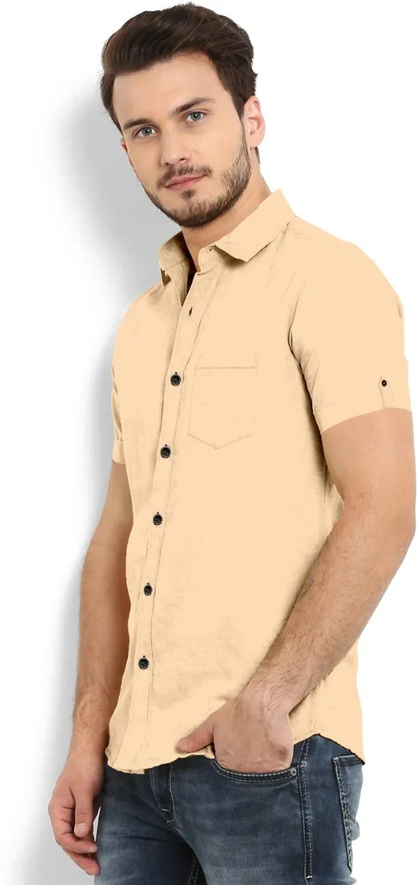 Beige_Cotton_Blend_Slim_Fit_Short_Sleeve_Solid_Hip_Length_Shirt_For_Men