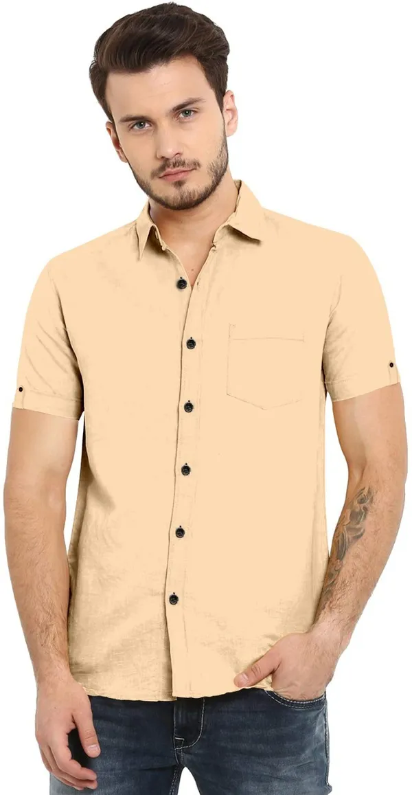 Beige_Cotton_Blend_Slim_Fit_Short_Sleeve_Solid_Hip_Length_Shirt_For_Men