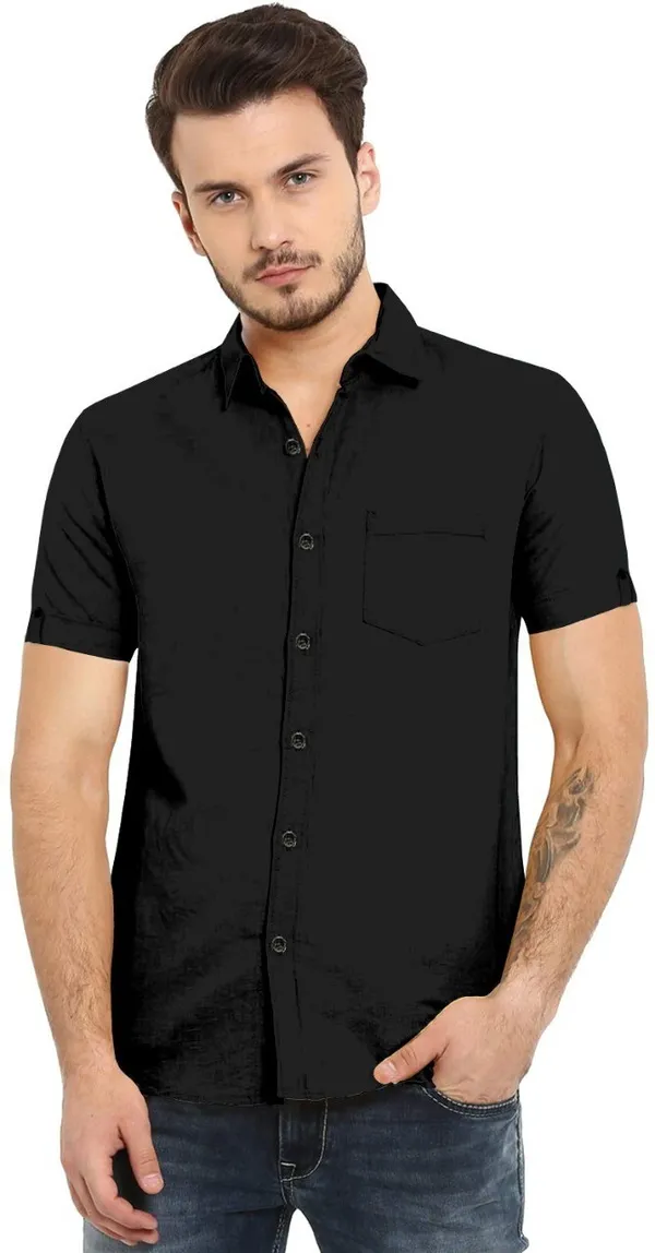 Black_Cotton_Blend_Slim_Fit_Short_Sleeve_Solid_Hip_Length_Shirt_For_Men