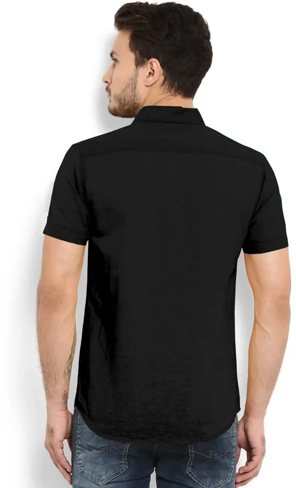 Black_Cotton_Blend_Slim_Fit_Short_Sleeve_Solid_Hip_Length_Shirt_For_Men