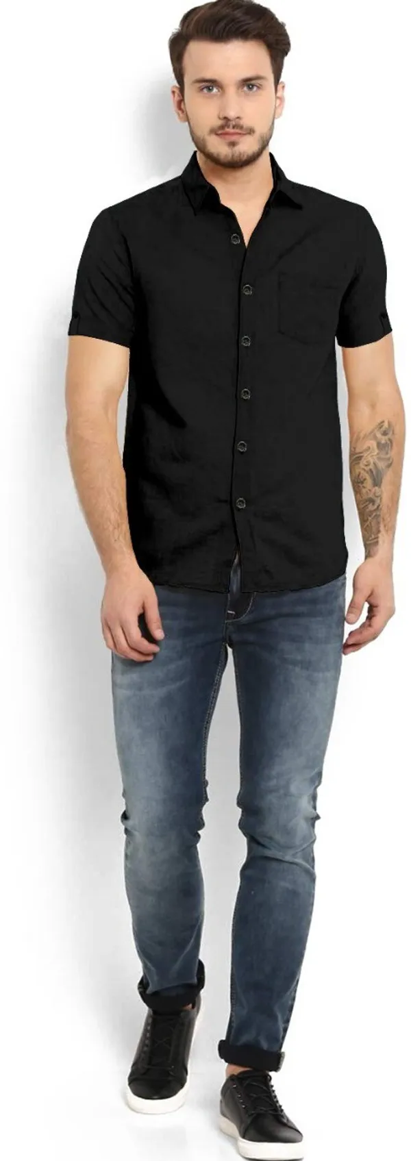Black_Cotton_Blend_Slim_Fit_Short_Sleeve_Solid_Hip_Length_Shirt_For_Men