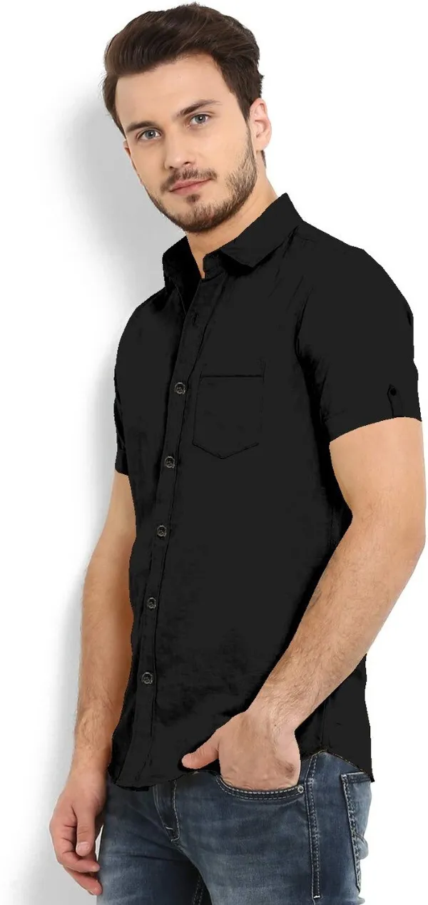 Black_Cotton_Blend_Slim_Fit_Short_Sleeve_Solid_Hip_Length_Shirt_For_Men