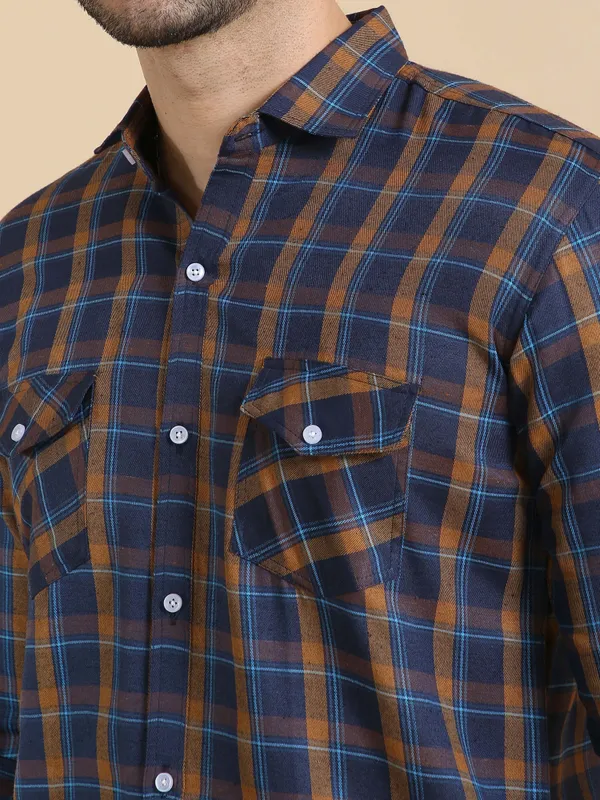 Blue_&_Yellow_&_Dark_Blue_Cotton_Blend_Regular_Fit_3/4th_Sleeve_Checkered_Long_Shirt_For_Men