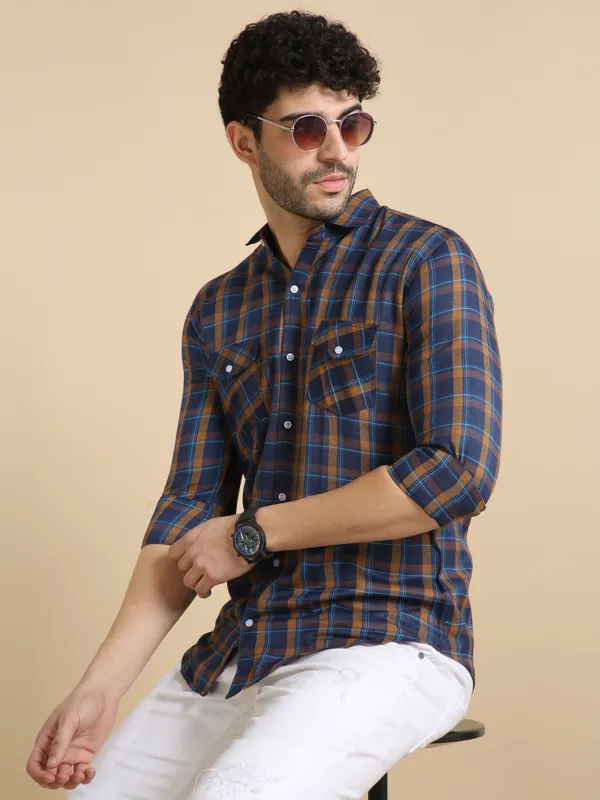 Blue_&_Yellow_&_Dark_Blue_Cotton_Blend_Regular_Fit_3/4th_Sleeve_Checkered_Long_Shirt_For_Men