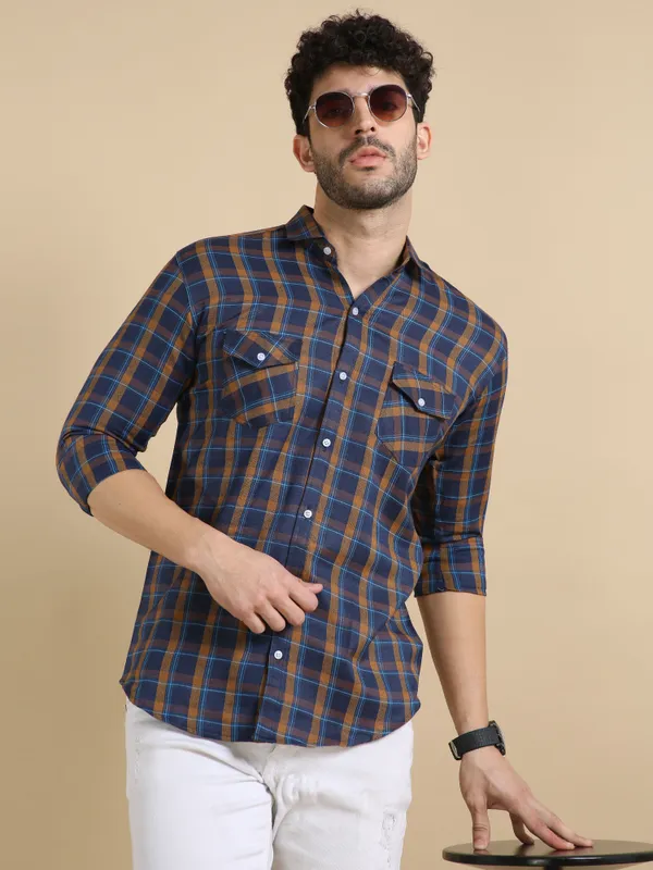 Blue_&_Yellow_&_Dark_Blue_Cotton_Blend_Regular_Fit_3/4th_Sleeve_Checkered_Long_Shirt_For_Men