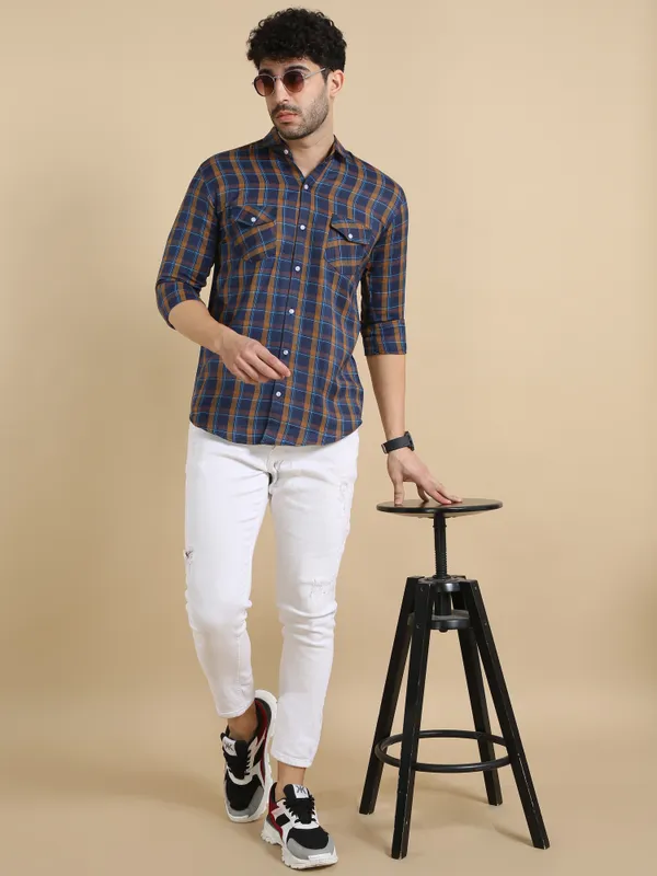 Blue_&_Yellow_&_Dark_Blue_Cotton_Blend_Regular_Fit_3/4th_Sleeve_Checkered_Long_Shirt_For_Men