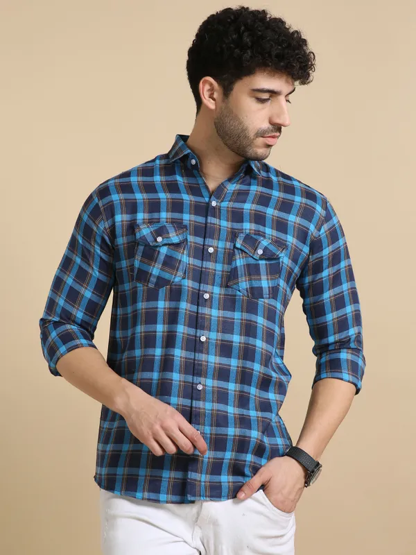 Dark_Blue_&_Light_Blue_&_Brown_Cotton_Blend_Regular_Fit_3/4th_Sleeve_Checkered_Long_Shirt_For_Men