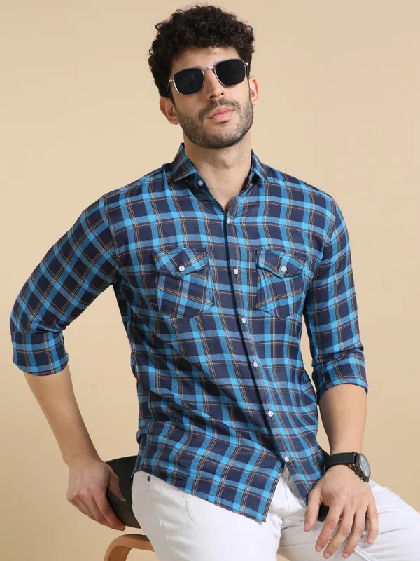 Dark_Blue_&_Light_Blue_&_Brown_Cotton_Blend_Regular_Fit_3/4th_Sleeve_Checkered_Long_Shirt_For_Men