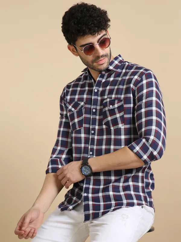Multicolor_Cotton_Blend_Regular_Fit_3/4th_Sleeve_Checkered_Long_Shirt_For_Men
