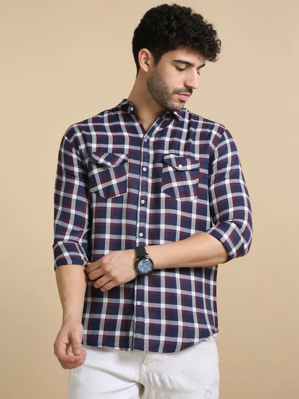 Multicolor_Cotton_Blend_Regular_Fit_3/4th_Sleeve_Checkered_Long_Shirt_For_Men