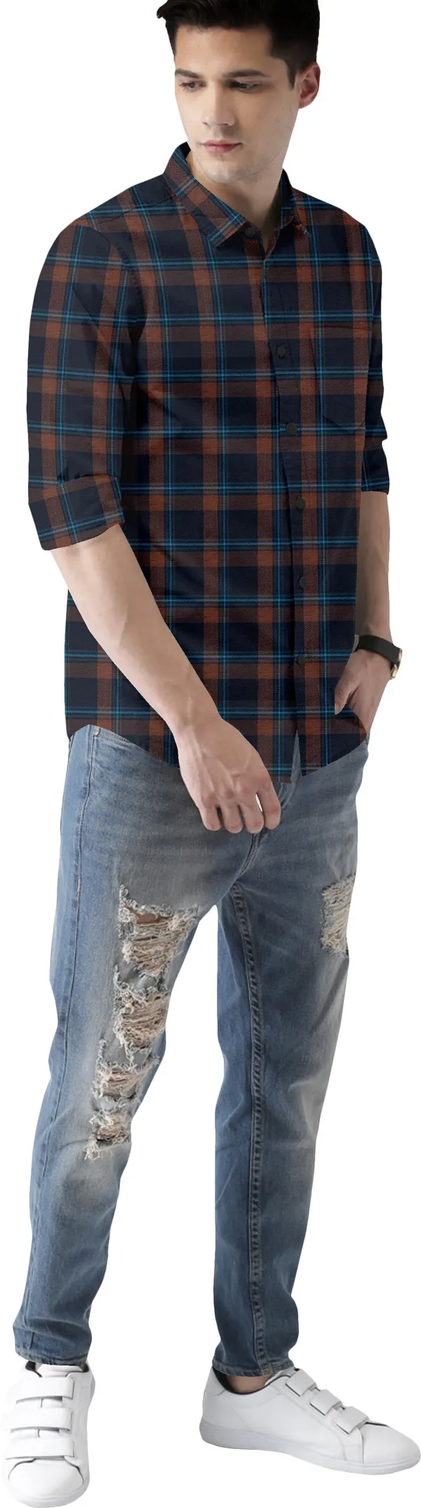 Brown_Cotton_Blend_Regular_Fit_Full_Sleeve_Checkered_Long_Shirt_For_Men