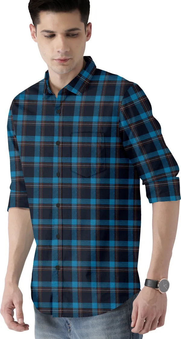 Multicolor_Cotton_Blend_Regular_Fit_Full_Sleeve_Checkered_Long_Shirt_For_Men