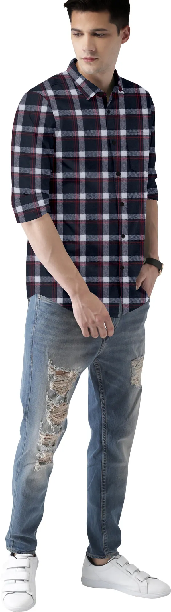 White_Cotton_Blend_Regular_Fit_3/4th_Sleeve_Checkered_Long_Shirt_For_Men