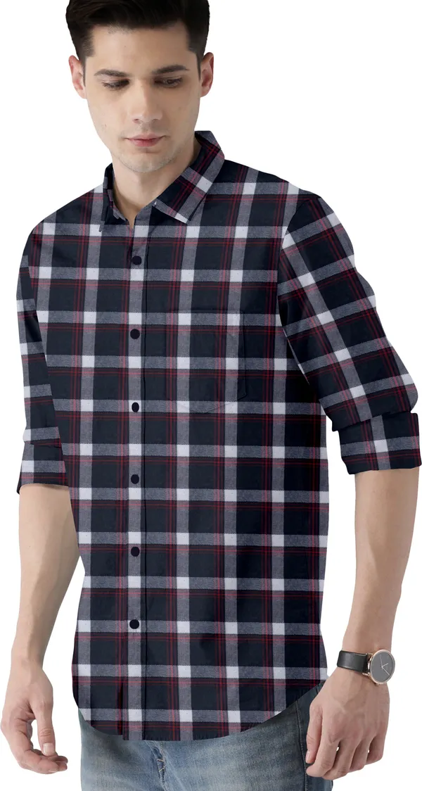 White_Cotton_Blend_Regular_Fit_3/4th_Sleeve_Checkered_Long_Shirt_For_Men