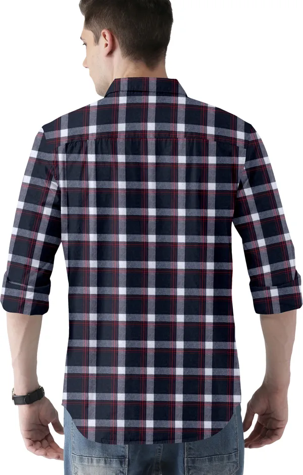 White_Cotton_Blend_Regular_Fit_3/4th_Sleeve_Checkered_Long_Shirt_For_Men