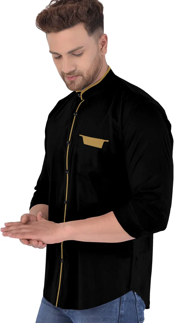 Black_Cotton_Blend_Regular_Fit_Full_Sleeve_Solid_Long_Shirt_For_Men