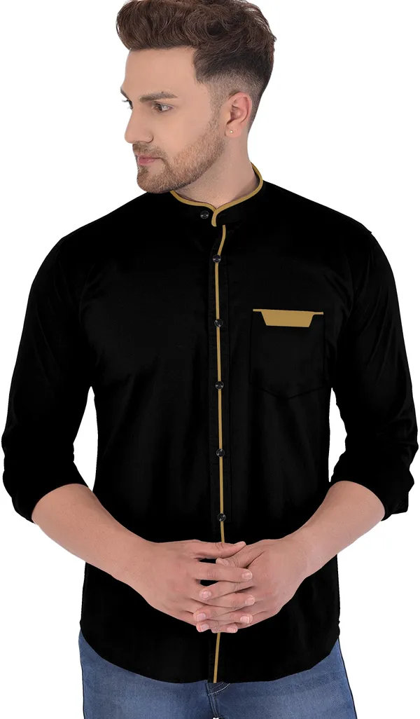 Black_Cotton_Blend_Regular_Fit_Full_Sleeve_Solid_Long_Shirt_For_Men