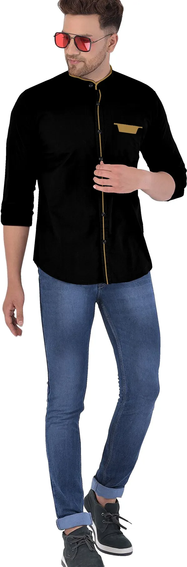 Black_Cotton_Blend_Regular_Fit_Full_Sleeve_Solid_Long_Shirt_For_Men