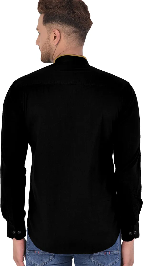 Black_Cotton_Blend_Regular_Fit_Full_Sleeve_Solid_Long_Shirt_For_Men