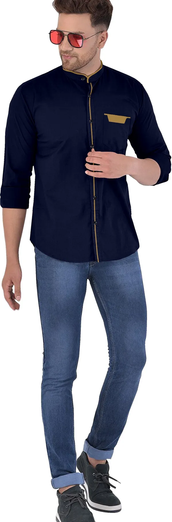 Dark_Blue_Cotton_Blend_Regular_Fit_Full_Sleeve_Solid_Long_Shirt_For_Men