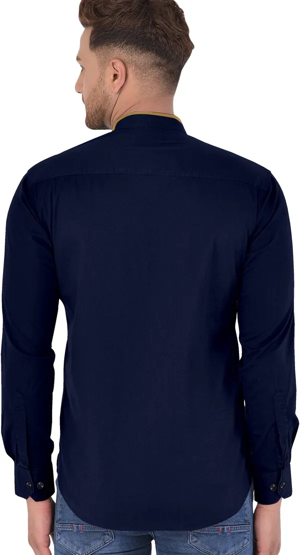 Dark_Blue_Cotton_Blend_Regular_Fit_Full_Sleeve_Solid_Long_Shirt_For_Men