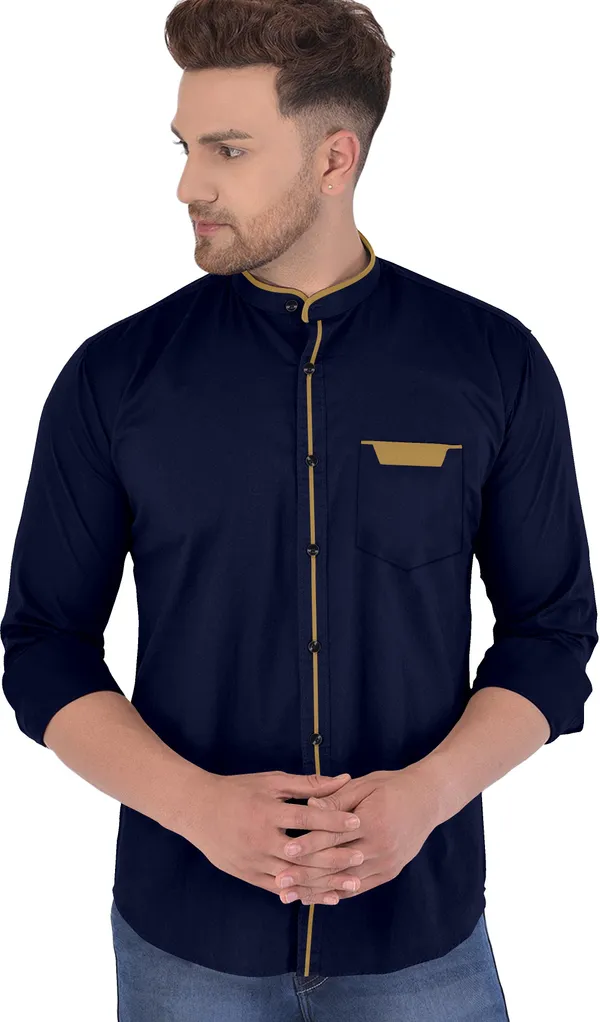 Dark_Blue_Cotton_Blend_Regular_Fit_Full_Sleeve_Solid_Long_Shirt_For_Men
