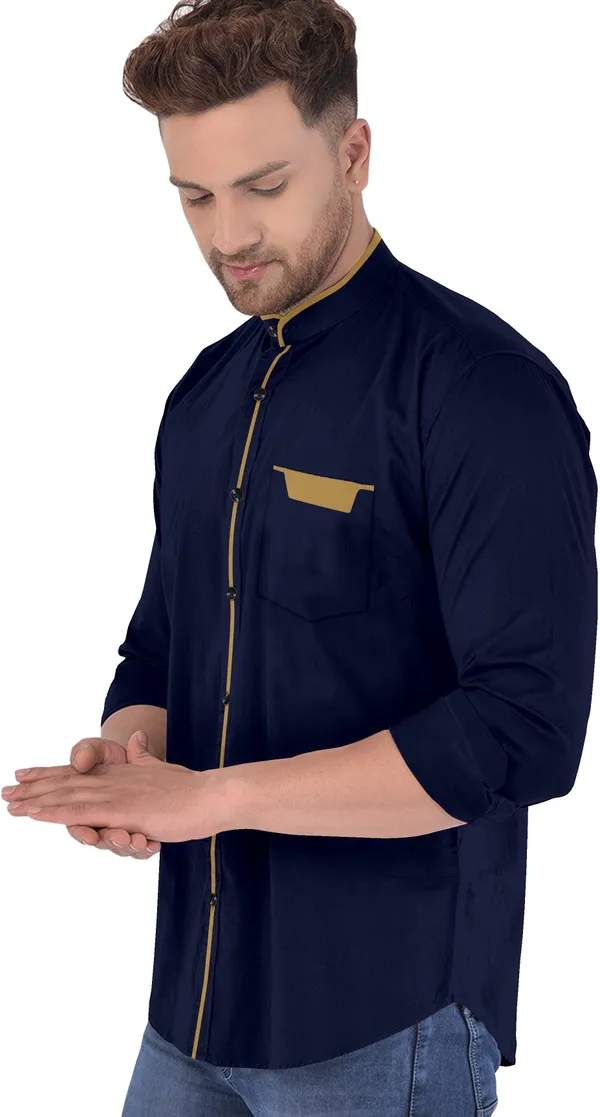 Dark_Blue_Cotton_Blend_Regular_Fit_Full_Sleeve_Solid_Long_Shirt_For_Men